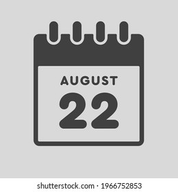 Icon page calendar day - 22 August. Date day of week Sunday, Monday, Tuesday, Wednesday, Thursday, Friday, Saturday. 22th days of the month, vector illustration flat style. Summer holidays in August