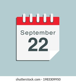 Icon page calendar day 22 September. Date day week Sunday, Monday, Tuesday, Wednesday, Thursday, Friday, Saturday. 22th days of the month, vector illustration flat style. Autumn holidays in September