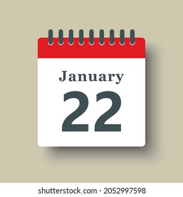 Icon page calendar day - 22 January. Date day week Sunday, Monday, Tuesday, Wednesday, Thursday, Friday, Saturday. 22th days of the month, vector illustration flat style. Winter holidays in January