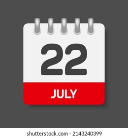 Icon page calendar day - 22 July. Days of the month, vector illustration flat style. 22th date day of week Sunday, Monday, Tuesday, Wednesday, Thursday, Friday, Saturday. Summer holidays in July