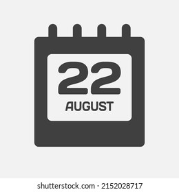 Icon page calendar day - 22 August. Days of the month, vector illustration flat style. 22th date day of week Sunday, Monday, Tuesday, Wednesday, Thursday, Friday, Saturday. Summer holidays in August