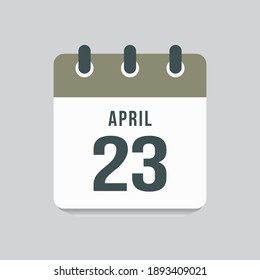 Icon page calendar day - 23 April. Days of the month, vector illustration flat style. 23th date day of week Sunday, Monday, Tuesday, Wednesday, Thursday, Friday, Saturday. Spring holidays in April