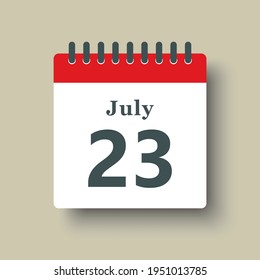 Icon page calendar day - 23 July. Date day of week Sunday, Monday, Tuesday, Wednesday, Thursday, Friday, Saturday. 23th days of the month, vector illustration flat style. Summer holidays in July