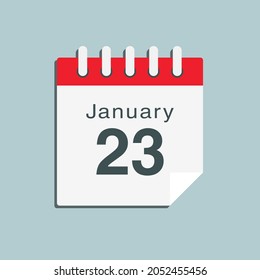 Icon page calendar day - 23 January. Date day week Sunday, Monday, Tuesday, Wednesday, Thursday, Friday, Saturday. 23th days of the month, vector illustration flat style. Winter holidays in January