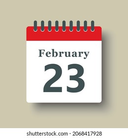 Icon page calendar day - 23 February. Date day week Sunday, Monday, Tuesday, Wednesday, Thursday, Friday, Saturday. 23th days of the month, vector illustration flat style. Winter holidays in February