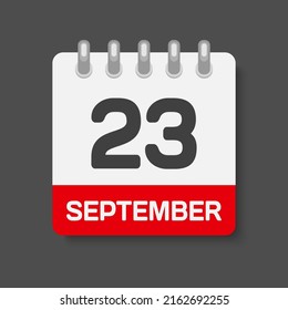 Icon page calendar day - 23 September. Days of the month, vector illustration flat. 23th day of week Sunday, Monday, Tuesday, Wednesday, Thursday, Friday, Saturday. Date autumn holidays in September