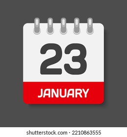 Icon page calendar day - 23 January. Days of the month, vector illustration flat style. 23th day of week Sunday, Monday, Tuesday, Wednesday, Thursday, Friday, Saturday. Date winter holidays in January