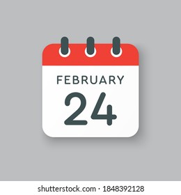 Icon page calendar day - 24 February. 24th days of the month, vector illustration flat style. Date day week Sunday, Monday, Tuesday, Wednesday, Thursday, Friday, Saturday. Winter holidays in February