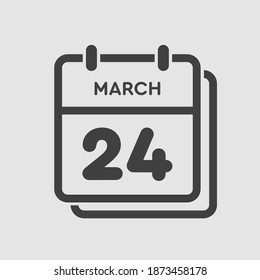 Icon page calendar day - 24 March. 24th days of the month, vector illustration flat style. Date day of week Sunday, Monday, Tuesday, Wednesday, Thursday, Friday, Saturday. Spring holidays in March
