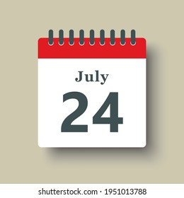 Icon page calendar day - 24 July. Date day of week Sunday, Monday, Tuesday, Wednesday, Thursday, Friday, Saturday. 24th days of the month, vector illustration flat style. Summer holidays in July