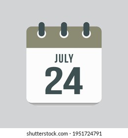 Icon page calendar day - 24 July. Date day of week Sunday, Monday, Tuesday, Wednesday, Thursday, Friday, Saturday. 24th days of the month, vector illustration flat style. Summer holidays in July