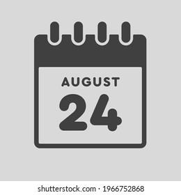 Icon page calendar day - 24 August. Date day of week Sunday, Monday, Tuesday, Wednesday, Thursday, Friday, Saturday. 24th days of the month, vector illustration flat style. Summer holidays in August