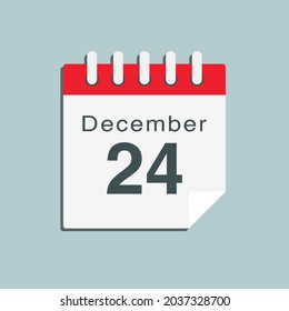 Icon page calendar day - 24 December. Date day week Sunday, Monday, Tuesday, Wednesday, Thursday, Friday, Saturday. 24th days of the month, vector illustration flat style. Winter holidays in December