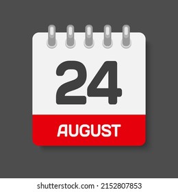 Icon page calendar day - 24 August. Days of the month, vector illustration flat style. 24th date day of week Sunday, Monday, Tuesday, Wednesday, Thursday, Friday, Saturday. Summer holidays in August