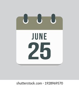 Icon page calendar day - 25 June. Date day of week Sunday, Monday, Tuesday, Wednesday, Thursday, Friday, Saturday. 25th days of the month, vector illustration flat style. Summer holidays in June