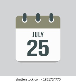 Icon page calendar day - 25 July. Date day of week Sunday, Monday, Tuesday, Wednesday, Thursday, Friday, Saturday. 25th days of the month, vector illustration flat style. Summer holidays in July