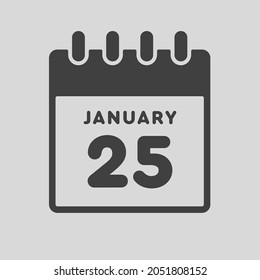 Icon page calendar day - 25 January. Date day week Sunday, Monday, Tuesday, Wednesday, Thursday, Friday, Saturday. 25th days of the month, vector illustration flat style. Winter holidays in January