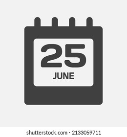 Icon page calendar day - 25 June. Days of the month, vector illustration flat style. 25th date day of week Sunday, Monday, Tuesday, Wednesday, Thursday, Friday, Saturday. Summer holidays in June