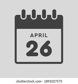 Icon page calendar day - 26 April. Days of the month, vector illustration flat style. 26th date day of week Sunday, Monday, Tuesday, Wednesday, Thursday, Friday, Saturday. Spring holidays in April