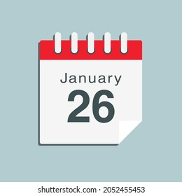 Icon page calendar day - 26 January. Date day week Sunday, Monday, Tuesday, Wednesday, Thursday, Friday, Saturday. 26th days of the month, vector illustration flat style. Winter holidays in January