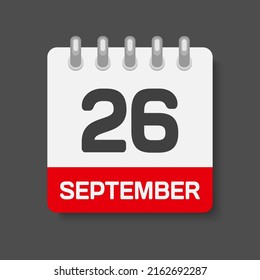 Icon page calendar day - 26 September. Days of the month, vector illustration flat. 26th day of week Sunday, Monday, Tuesday, Wednesday, Thursday, Friday, Saturday. Date autumn holidays in September