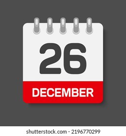 Icon page calendar day - 26 December. Days of the month, vector illustration flat style. 26 day of week Sunday, Monday, Tuesday, Wednesday, Thursday, Friday, Saturday. Date winter holidays in December