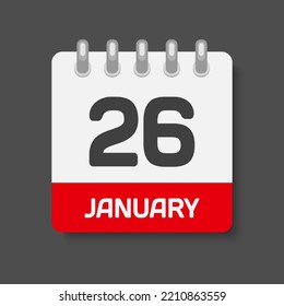 Icon page calendar day - 26 January. Days of the month, vector illustration flat style. 26th day of week Sunday, Monday, Tuesday, Wednesday, Thursday, Friday, Saturday. Date winter holidays in January