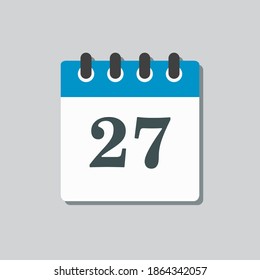 Icon page calendar day - 27. Date day week Sunday, Monday, Tuesday, Wednesday, Thursday, Friday, Saturday. Empty template for design - 27th days of the month, vector illustration flat style.