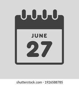 Icon page calendar day - 27 June. Date day of week Sunday, Monday, Tuesday, Wednesday, Thursday, Friday, Saturday. 27th days of the month, vector illustration flat style. Summer holidays in June