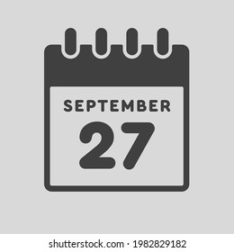 Icon page calendar day 27 September. Date day week Sunday, Monday, Tuesday, Wednesday, Thursday, Friday, Saturday. 27th days of the month, vector illustration flat style. Autumn holidays in September