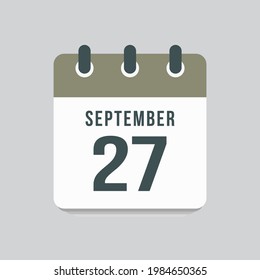 Icon page calendar day 27 September. Date day week Sunday, Monday, Tuesday, Wednesday, Thursday, Friday, Saturday. 27th days of the month, vector illustration flat style. Autumn holidays in September