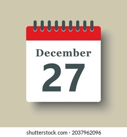 Icon page calendar day - 27 December. Date day week Sunday, Monday, Tuesday, Wednesday, Thursday, Friday, Saturday. 27th days of the month, vector illustration flat style. Winter holidays in December