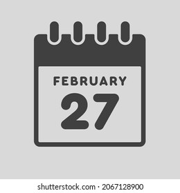 Icon page calendar day - 27 February. Date day week Sunday, Monday, Tuesday, Wednesday, Thursday, Friday, Saturday. 27th days of the month, vector illustration flat style. Winter holidays in February