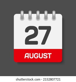 Icon page calendar day - 27 August. Days of the month, vector illustration flat style. 27th date day of week Sunday, Monday, Tuesday, Wednesday, Thursday, Friday, Saturday. Summer holidays in August svg