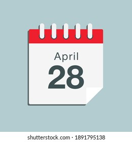 Icon page calendar day - 28 April. Days of the month, vector illustration flat style. 28th date day of week Sunday, Monday, Tuesday, Wednesday, Thursday, Friday, Saturday. Spring holidays in April