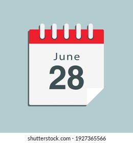 Icon page calendar day - 28 June. Date day of week Sunday, Monday, Tuesday, Wednesday, Thursday, Friday, Saturday. 28th days of the month, vector illustration flat style. Summer holidays in June