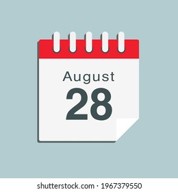 Icon page calendar day - 28 August. Date day of week Sunday, Monday, Tuesday, Wednesday, Thursday, Friday, Saturday. 28th days of the month, vector illustration flat style. Summer holidays in August