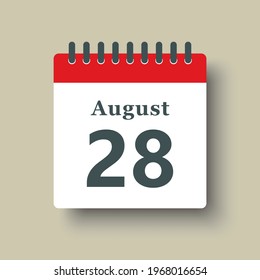 Icon page calendar day - 28 August. Date day of week Sunday, Monday, Tuesday, Wednesday, Thursday, Friday, Saturday. 28th days of the month, vector illustration flat style. Summer holidays in August