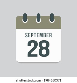 Icon page calendar day 28 September. Date day week Sunday, Monday, Tuesday, Wednesday, Thursday, Friday, Saturday. 28th days of the month, vector illustration flat style. Autumn holidays in September