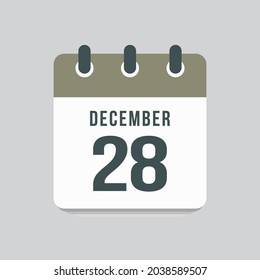 Icon page calendar day - 28 December. Date day week Sunday, Monday, Tuesday, Wednesday, Thursday, Friday, Saturday. 28th days of the month, vector illustration flat style. Winter holidays in December