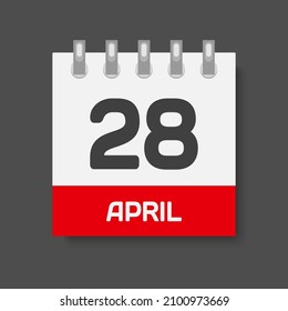 Icon page calendar day - 28 April. Days of the month, vector illustration flat style. 28th date day of week Sunday, Monday, Tuesday, Wednesday, Thursday, Friday, Saturday. Spring holidays in April