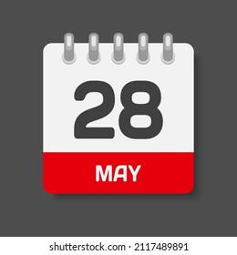 Icon page calendar day - 28 May. Days of the month, vector illustration flat style. 28th date day of week Sunday, Monday, Tuesday, Wednesday, Thursday, Friday, Saturday. Spring holidays in May