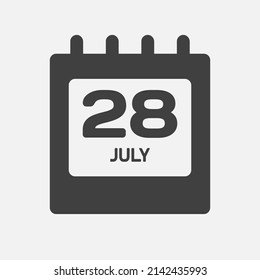 Icon page calendar day - 28 July. Days of the month, vector illustration flat style. 28th date day of week Sunday, Monday, Tuesday, Wednesday, Thursday, Friday, Saturday. Summer holidays in July