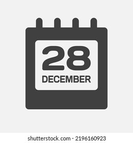Icon page calendar day - 28 December. Days of the month, vector illustration flat style. 28 day of week Sunday, Monday, Tuesday, Wednesday, Thursday, Friday, Saturday. Date winter holidays in December