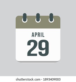 Icon page calendar day - 29 April. Days of the month, vector illustration flat style. 29th date day of week Sunday, Monday, Tuesday, Wednesday, Thursday, Friday, Saturday. Spring holidays in April