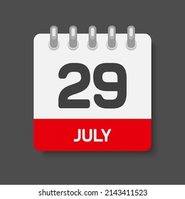 Icon page calendar day - 29 July. Days of the month, vector illustration flat style. 29th date day of week Sunday, Monday, Tuesday, Wednesday, Thursday, Friday, Saturday. Summer holidays in July