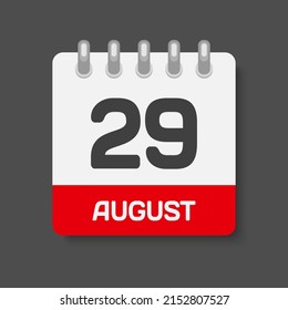 Icon page calendar day - 29 August. Days of the month, vector illustration flat style. 29th date day of week Sunday, Monday, Tuesday, Wednesday, Thursday, Friday, Saturday. Summer holidays in August