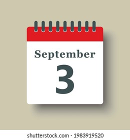 Icon page calendar day - 3 September. Date day week Sunday, Monday, Tuesday, Wednesday, Thursday, Friday, Saturday. 3th days of the month, vector illustration flat style. Autumn holidays in September