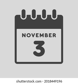 Icon page calendar day - 3 November. Date day week Sunday, Monday, Tuesday, Wednesday, Thursday, Friday, Saturday. 3th days of the month, vector illustration flat style. Autumn holidays in November