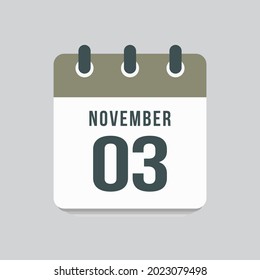 Icon page calendar day - 3 November. Date day week Sunday, Monday, Tuesday, Wednesday, Thursday, Friday, Saturday. 3th days of the month, vector illustration flat style. Autumn holidays in November